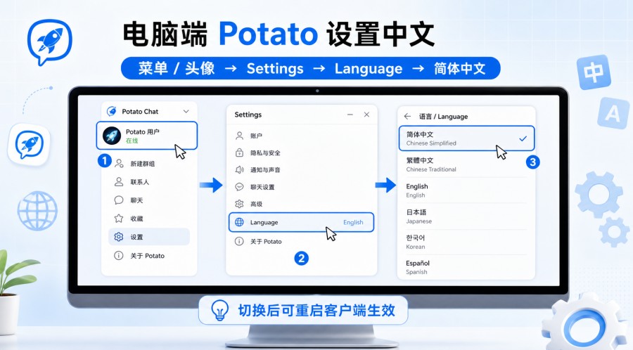 电脑端土豆在 Settings 中查找 Language 语言选项