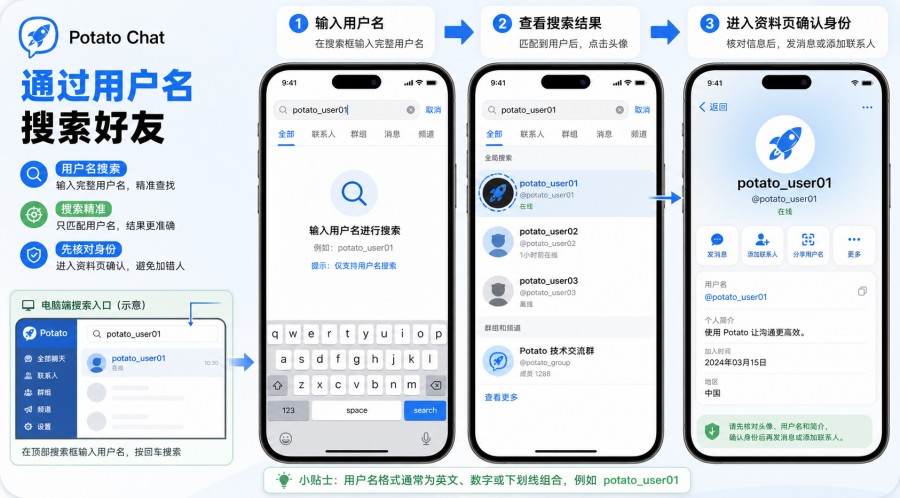 土豆 App 通过完整用户名搜索好友并核对资料