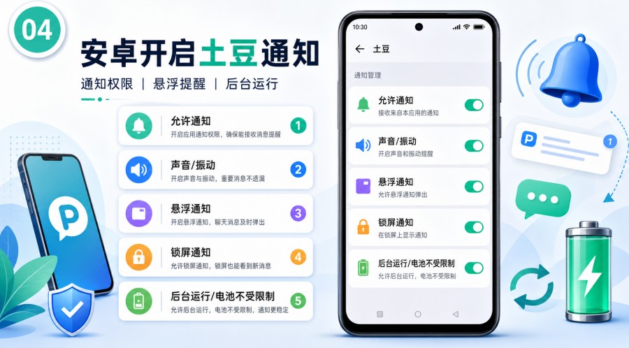 安卓手机开启土豆 App 通知、悬浮提醒、锁屏显示和后台运行