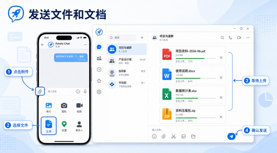 土豆 App 发送 PDF、Word 和压缩包等文件
