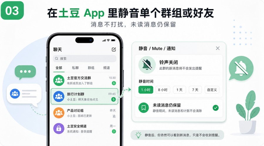 土豆 App 在聊天列表或详情页静音单个群组频道好友